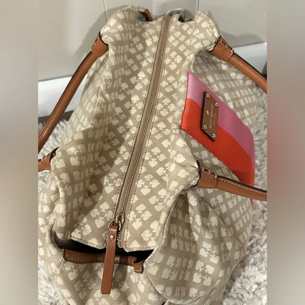 Kate Spade Canvas Tote Bag Beige Pink Stripe Large Travel Shoulder Chic